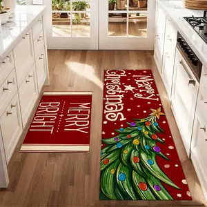 2Pcs Merry Christmas With Red Background Christmas Tree Floor Mat Set Farmhouse Kitchen Rug Dining Room Flooring Laundry Room Decor Carpet Mat