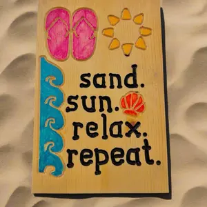 Hand-Carved Sign - Sand, sun, relax, repeat