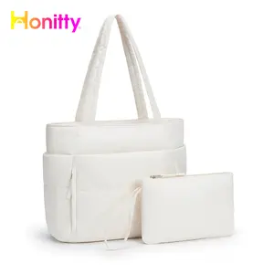 【CLEARANCE】Women's Quilted Puffer Tote Bag - Large Lightweight Zippered Business Multifunctional Bag for Laptop, Daily Commuting, Fashionable Handheld Travel Tote with Makeup Organiser, Fashionable Bags