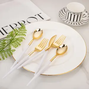 I00000 144Pcs Gold Plastic Silverware, Gold Plastic Utensils Set,Disposable Utensils Heavy Duty,Disposable Silverware Set Includes 48 Forks,48 Knives,48 Spoons for Wedding & Party