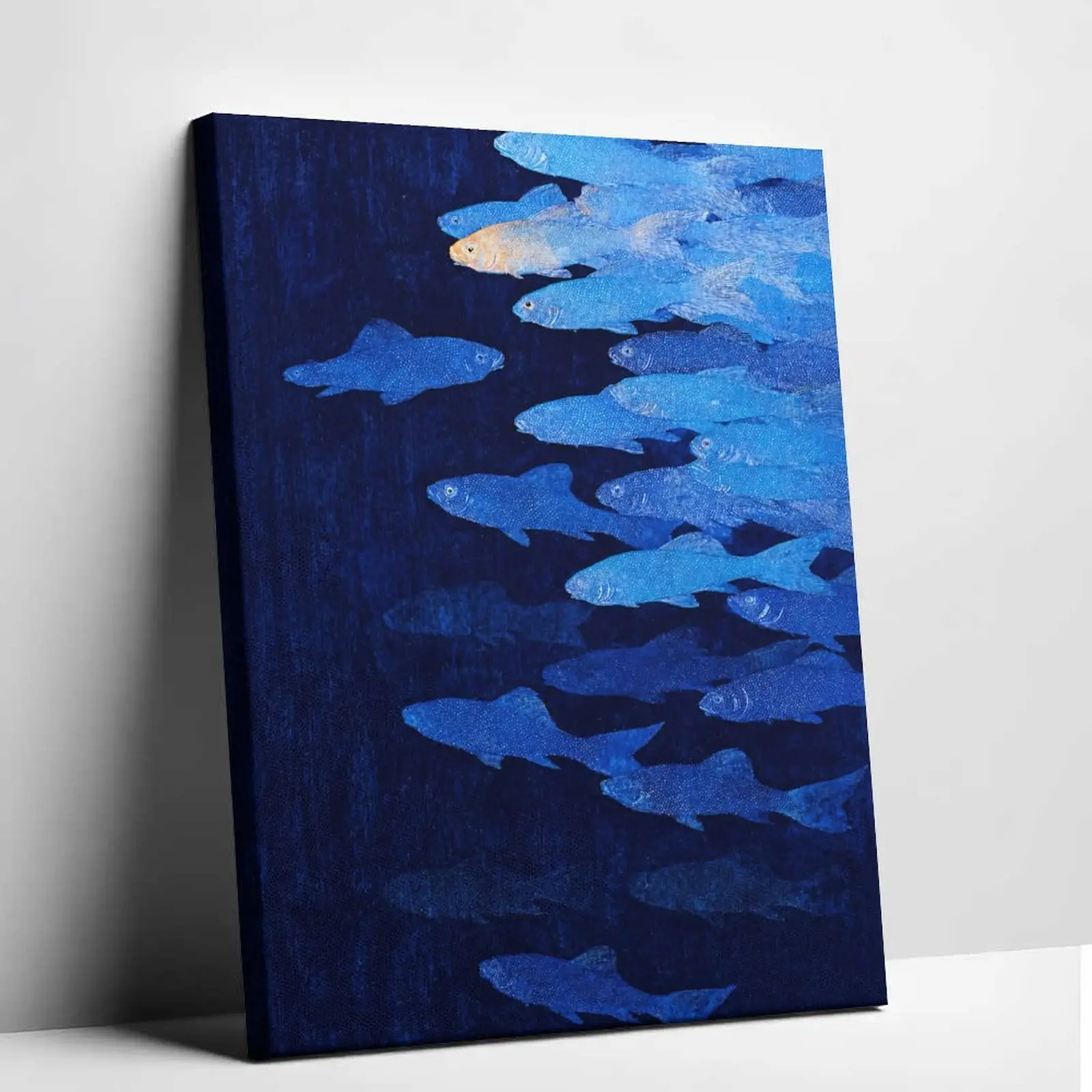 Deep Blue Ocean Fish School Canvas Wall Art Golden Fish Swimming Poster Print Vintage Marine Life Canvas Painting Zen Aesthetic Picture Decor for Minimalist Living Room Bedroom Studio