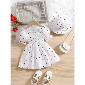 Sweetheart Dress Cute Summer Dress Set for 0-3 Years Old Girls with Heart Pattern Bubble Sleeves & Cute Hat Perfect for Summer Outings LQ2786515