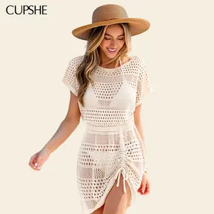 CUPSHE Women's Side Ruching Boatneck Short-Sleeve Knit Cover-Up Mini Dress, Bathing Suit Cover, Crochet Bikini Coverups, Sheer Summer Beach Resort Outfits