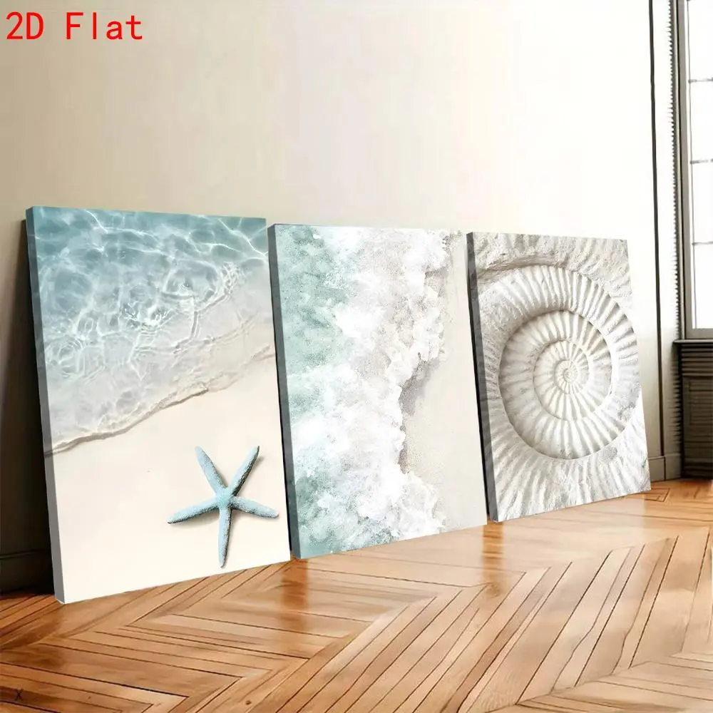 Contemporary 3-Piece Nordic Coastal Wood Framed Stretched Wall Art Set - Home Supplies, Triple Panels, Glossy Water Proof Photo Print, Coastal Waves/Starfish/Shell Designs, Artistic Matt Accents, Simple Decor, Ideal for Living Room, Gifting