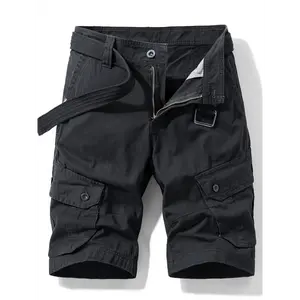 Men's Cotton Cargo Shorts with Multiple Pockets - Casual Straight Leg Work Pants, Black, Adjustable Waist Strap, Zippered Fly, Machine Washable, Functional Clothing | Durable Fabric