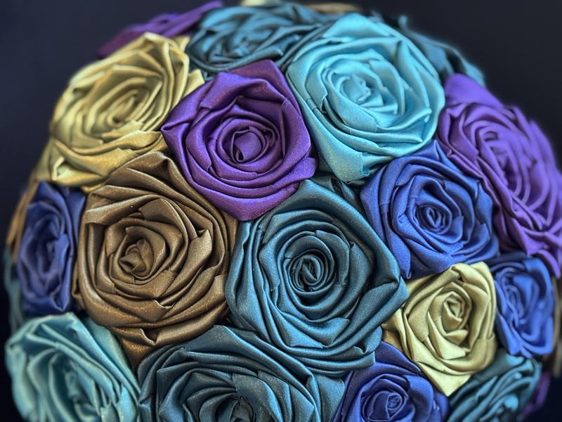 Anna Rose’s Bouquet | Teal, Turquoise, Purple, Lime, Olive Green, & Royal Blue | Peacock Themed Wedding | Handmade Satin Rose Bouquet | Bride Bouquet | Traditional Wedding Bouquet