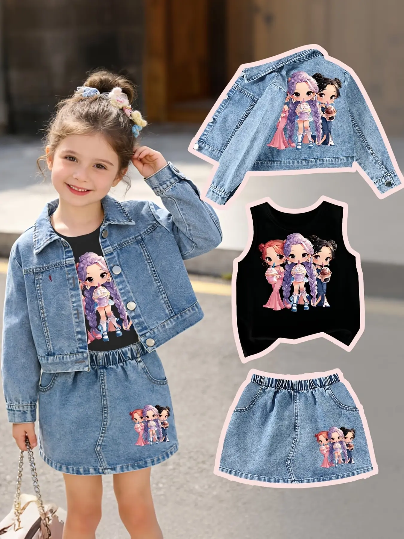 Three-Piece Set Including Denim Jacket, Jeans, Sleeveless Top, Sweet Dessert Theme, Cute Girls Design, Outdoor Activities, Summer Clothes Set