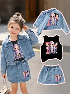 Three-Piece Set Including Denim Jacket, Jeans, Sleeveless Top, Sweet Dessert Theme, Cute Girls Design, Outdoor Activities