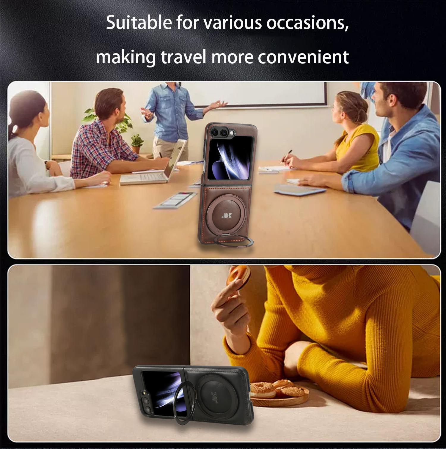 Metal 360° Rotating Stand Phone Case for Samsung ZFlip7/ZFlip6/ZFlip5/ZFlip4/ZFlip3 Foldable Screen Magnetic Skin-Friendly Leather Texture Business Full Shockproof Protective Cover