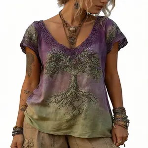 Retro Boho Chiffon V-Neck Tee, Floral Patchwork Print, Romantic Ethnic Top plus size summer clothes Ribbed Built-in Bra Crop Tank