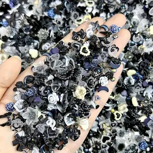 100 Pieces/3D Mixed Gothic Dark-Style Bow Nail Art Accessories, Featuring Resin Roses, Mini Flowers, Moons, Hearts, Stars, Hollow Pearls, Butterflies, Rabbits, And Rhinestones, Used For Nail Design And Craft Decoration