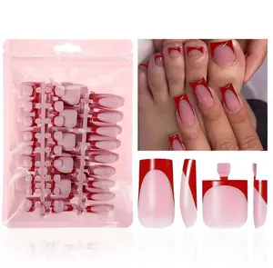 60Pcs Red French Tip Press on Nails & Press on Toenails Set, Square Press on Nails Medium Fake Nails Red French Press on Toenails Full Cover Stick on Press ons for Women