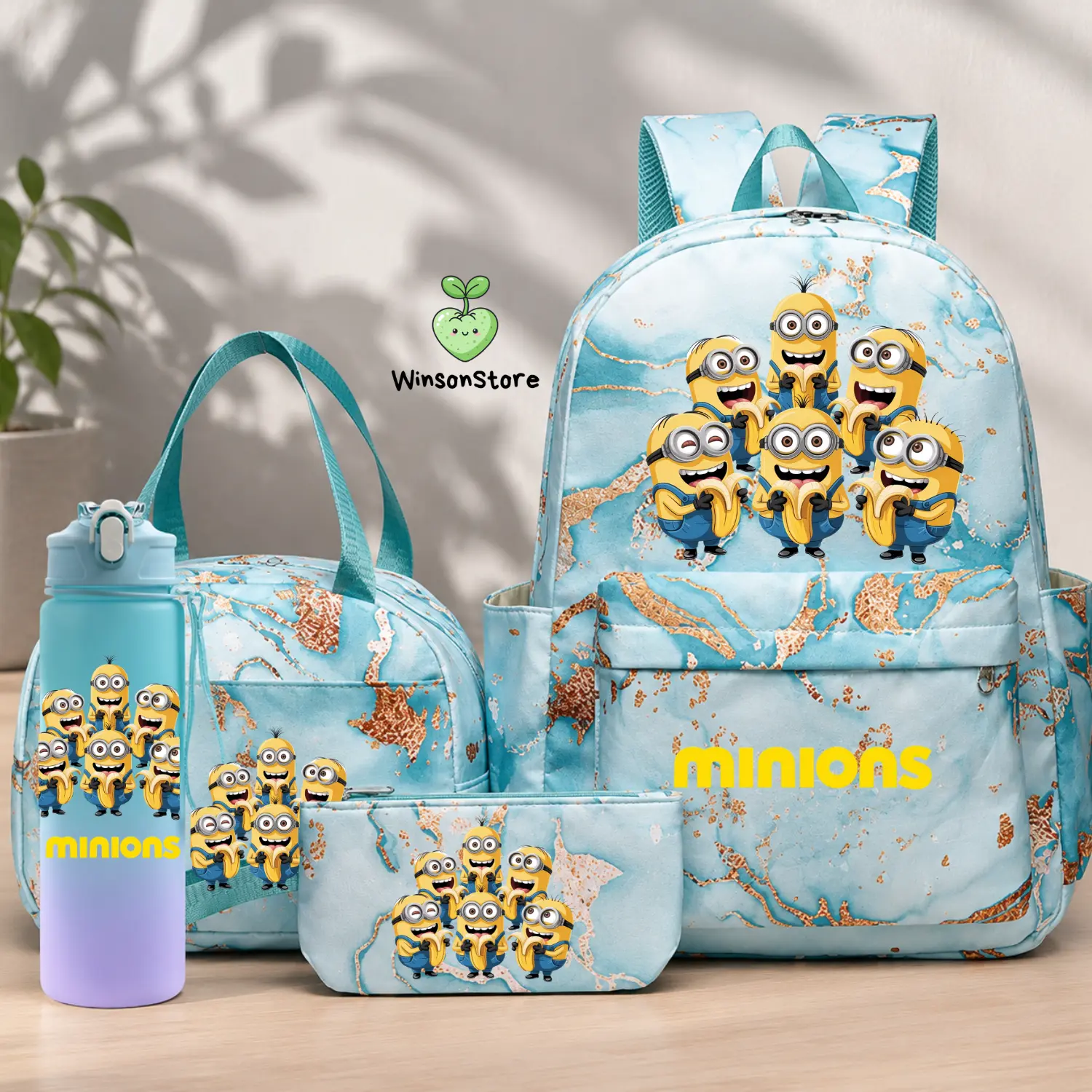 4PC Minions School Backpack for Kids Girls Boys Cartoon Bag Water Bottle Lunch Bag Pencil Case