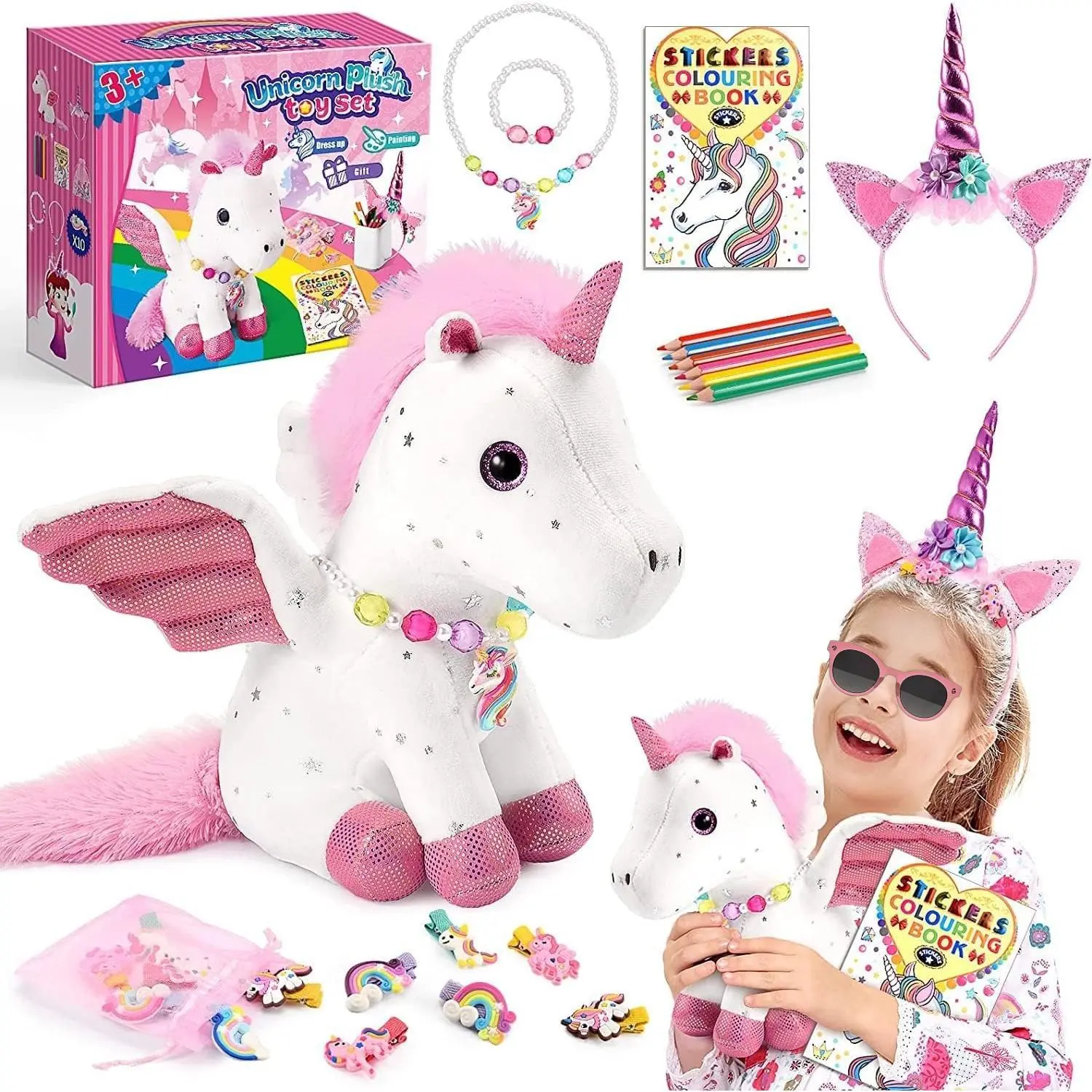 P-PLT01 21-Piece Unicorn Gift Set for Girls Ages 3-8 - Soft Plush Stuffed Animal, Dress-Up Accessories Bundle with Bracelet, Necklace, Fairy-Tale Coloring Book, Shatter-Proof Items - Birthday Gift, Party Favor, Toddler Girls