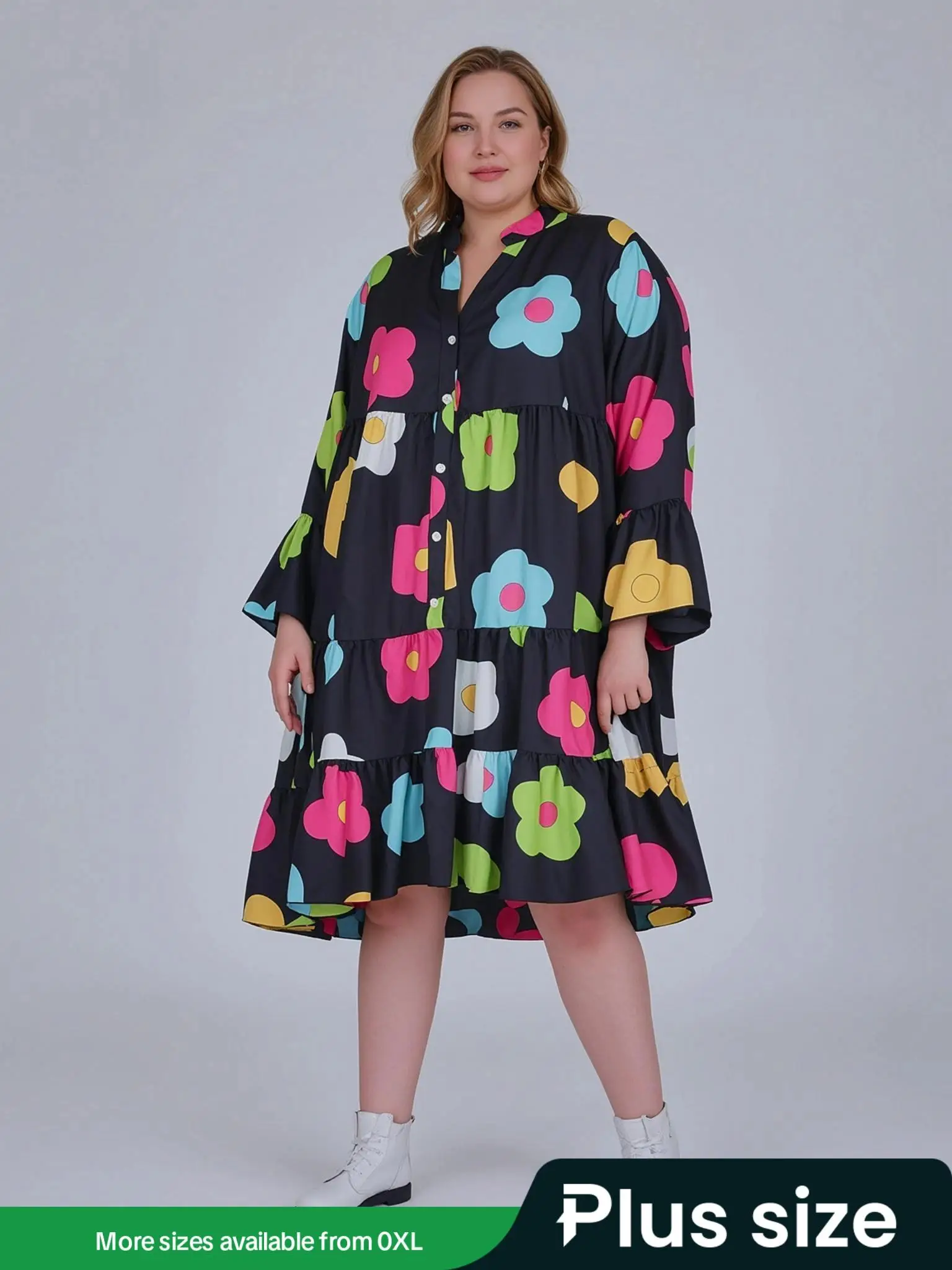 Plus Size Cartoon Floral Print Button Front Ruffle Hem Smock Dress, Casual Notched Neck Flounce Sleeve Dress for Spring & Fall, Women's Clothes for Da