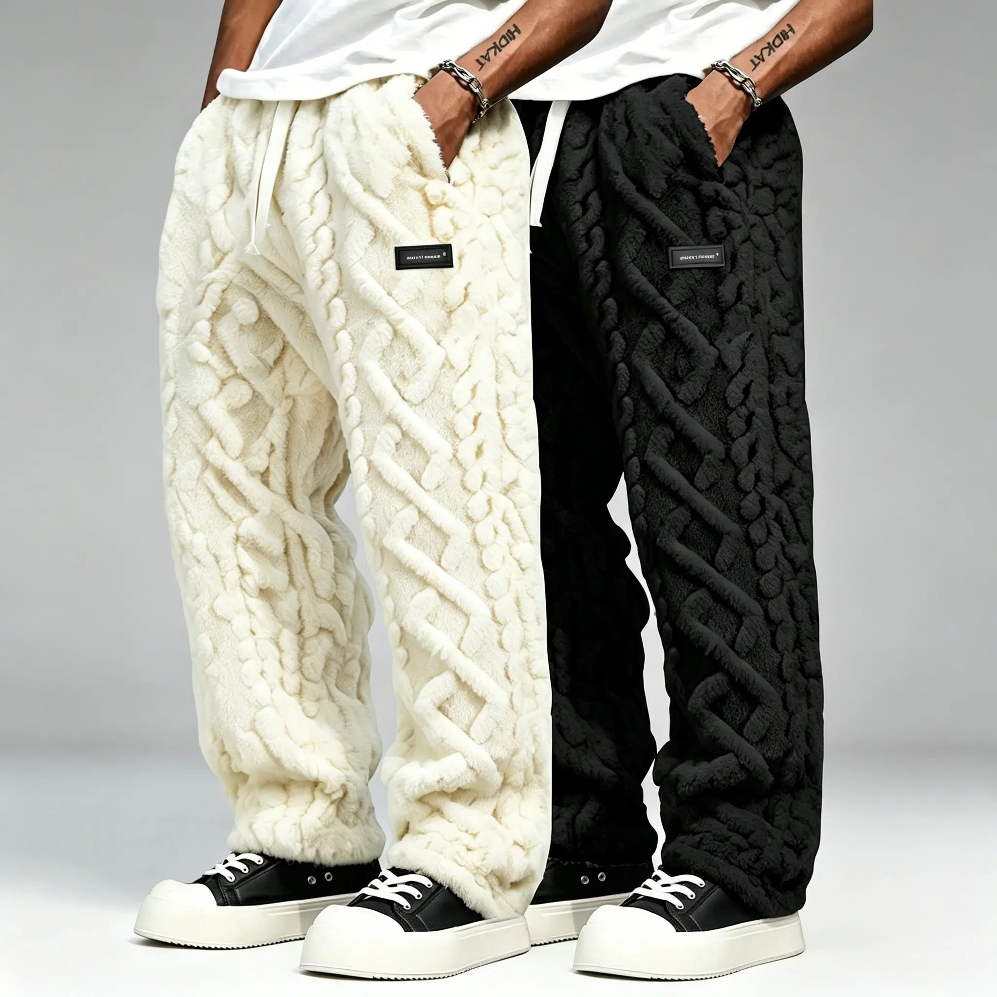 Men's double-sided velvet thickened linen casual pants (2 pieces) Autumn and Winter Plush Loose Leg Warm Home Pants (2-piece Set) Drawstring elastic waist plus plush wide leg pants