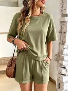 New Summer Spring Round Neck Loose Short Sleeve Two-Piece Set, Sports Suit, Women's Sportswear, Casual Above the Knee Bottoms
