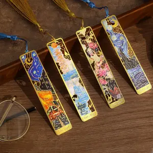 4 count Bookmarks with Tassel, Golden Hollow Metal Bookmark Monet Oil Painting Theme Book Mark for Women Book Lovers Writers Readers  Teenage Girls, (Starry Sky Style)