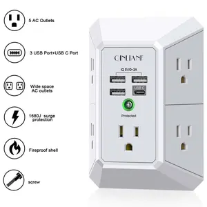 Wall Charger, Surge Protector, QINLIANF 5 Outlet Extender with 4 USB Charging Ports, 3-Sided 1680J Power Strip Multi Plug Adapter Spaced for Home Travel Office