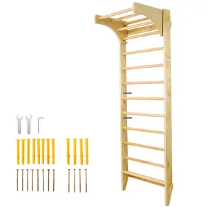Hardware Wooden Swedish Ladder, Stall Bars Set for Physical Therapy & Gymnastics (with Adjustable Pull-up Bar)