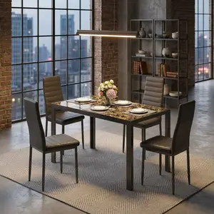 Modern 5 Pieces Dining Table Set, Rectangular Glass Top Dining Desk With Sturdy Iron Frame, Comfort High Back PU Leather Upholstered Chairs, Household Furniture For Kitchen Living Room Family Daily Dinner Use