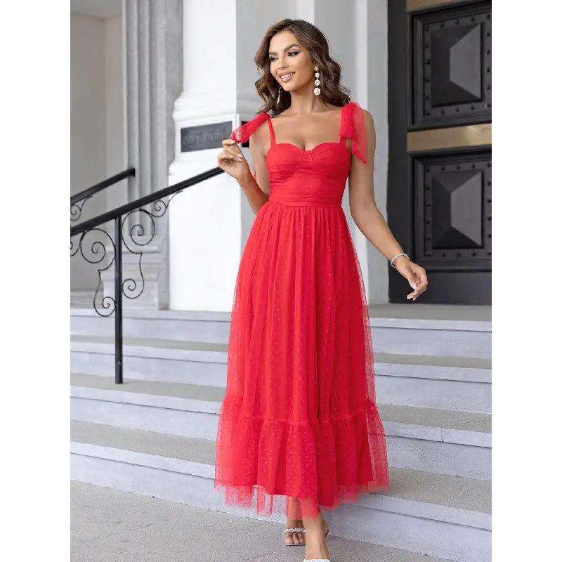 Women's Polka Dot Print Ruffle Hem Tie Shoulder Mesh A Line Vintage Formal  Dress, Party Dress,