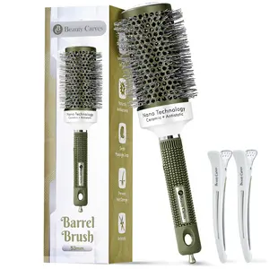 Beauty Carves Round Hair Brush with 2 Clips - 53mm Ceramic Size, Flexible Nylon 66 Bristles, Nano Ionic Heat-Resistant, Heatless Curl Defining, Volume Brush, Perfect Gift for Haircare