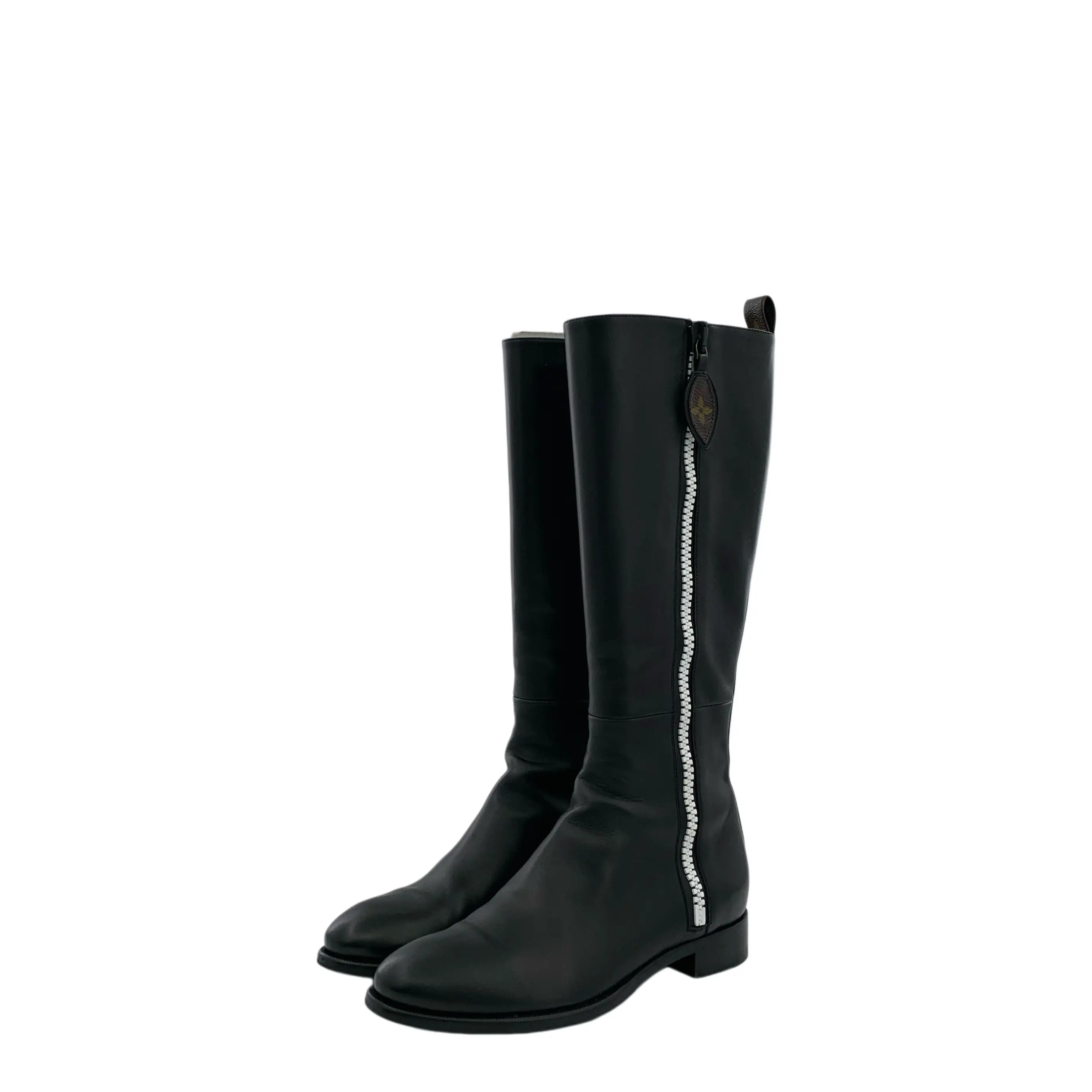 RDLT-Louis Vuitton Size 37.5 Black Round Toe Leather Monogram Patch Zipper High Boots-J37035