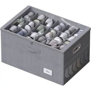 Shoe Organizer for Closet,Shoe Box Storage Containers Fit 18 Pairs,Foldable Shoe Storage Bins with Clear Cover & Adjustable Dividers for Shoes,Blankets,Linen,Clothing