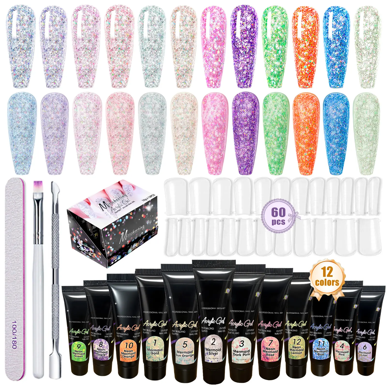 Poly Nail Gel Kit 12 PCS Diamond Poly Nail Gel Colors Nude Yellow Red Green Purple Blue Pink Glitter Poly Nail Gel Poly Extension Gel Nail Kit Gifts For Wome