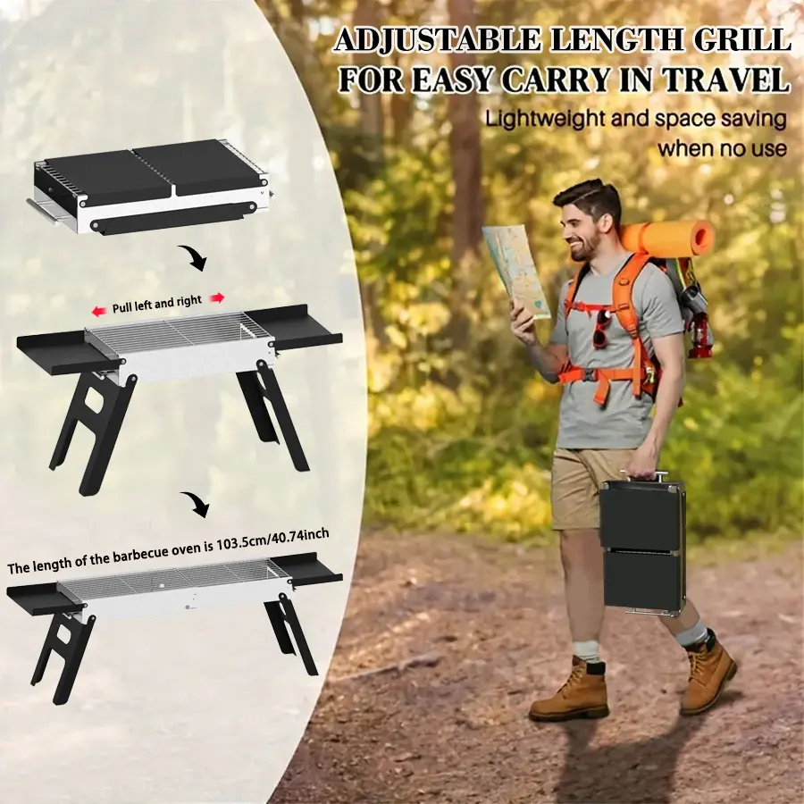 Portable Stainless Steel Charcoal BBQ Grill Set - Telescopic Foldable Outdoor Cooking Equipment, 17.51in Stored, 28.34in Unfolded, 40.74in/103.5cm Long, Equipped with Barbecue Accessories for Camping