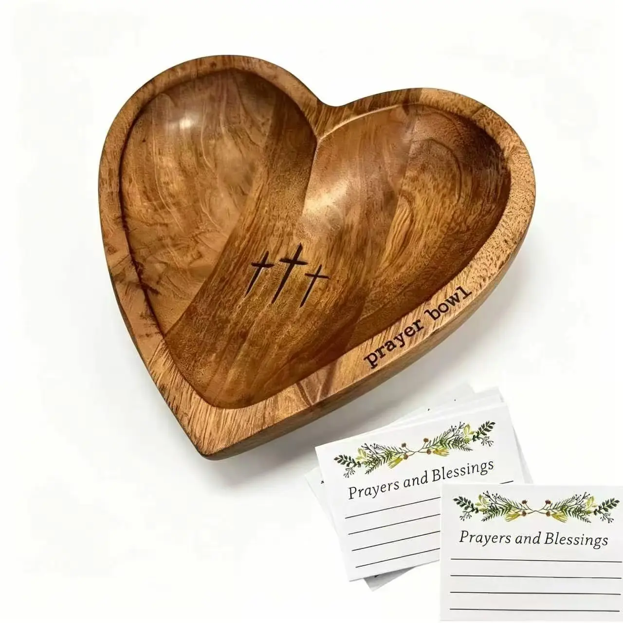 Heart Shaped Wooden Prayer Bowl Set with Prayer Cards, Multi-Purpose Christian Home Decor Bowl, Religious Gift for Parents, Ideal for Birthday-Retirement Table Decor