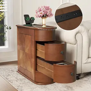 Narrow End Table with 2 Drawers, Sofa Side Table with Charging Station, Narrow Side Tables with Storage, Wood End Tables for Living Room, Bedroom，Modern Vintage，No Assembly Required