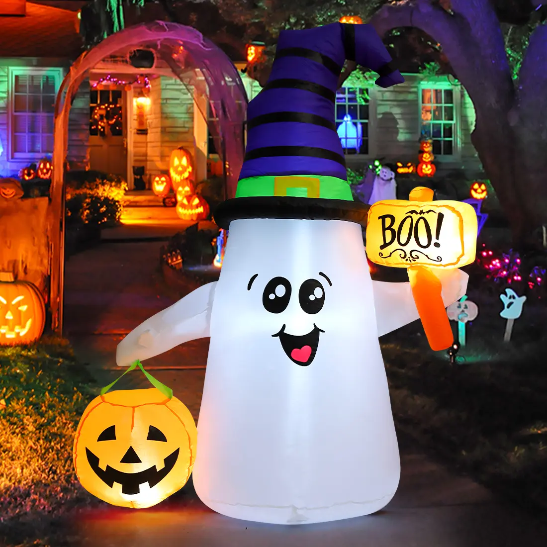 GOOSH 5 FT Outdoor Halloween Inflatable Ghost Decoration with Built-in Lights, Quick Inflation, Certified Safety, Waterproof Polyester, Cute Pumpkin, Easy Setup, Stable Shape, Storage Bag, Decorative for Children & Fun Atmosphere, Halloween Decorations