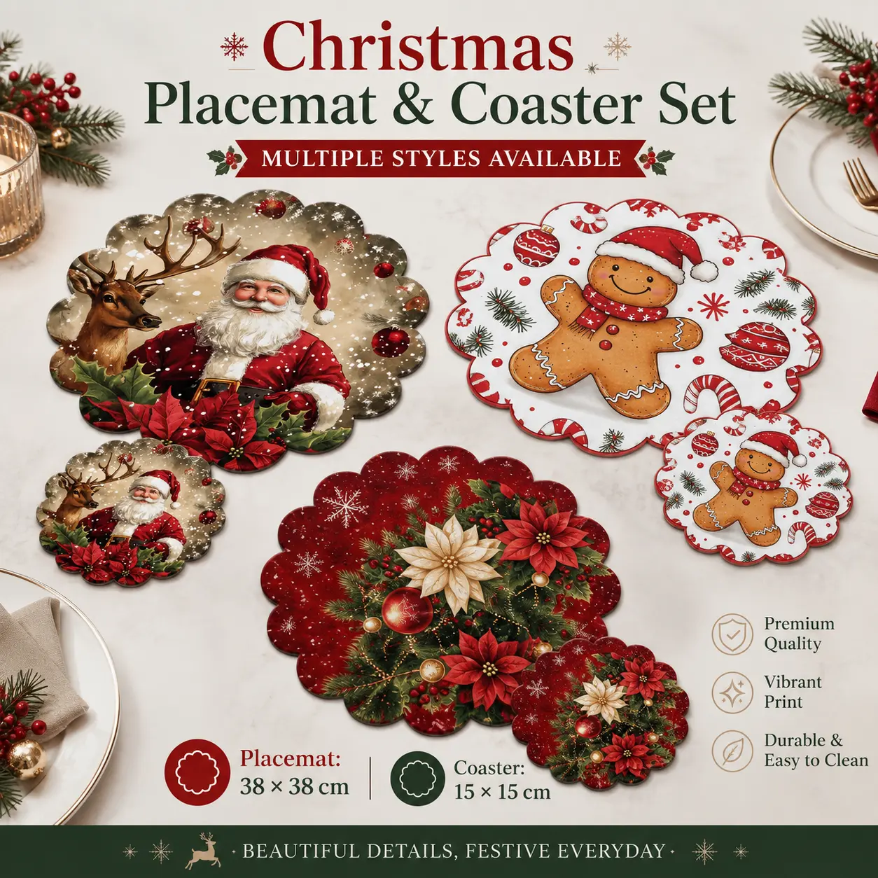 Festive Print 4-Pack Christmas Placemats & Coasters Set, Santa Claus-Gingerbread-Reindeer-Poinsettia Designs, Kitchen Dining Table Decor for Xmas Parties & Home Use