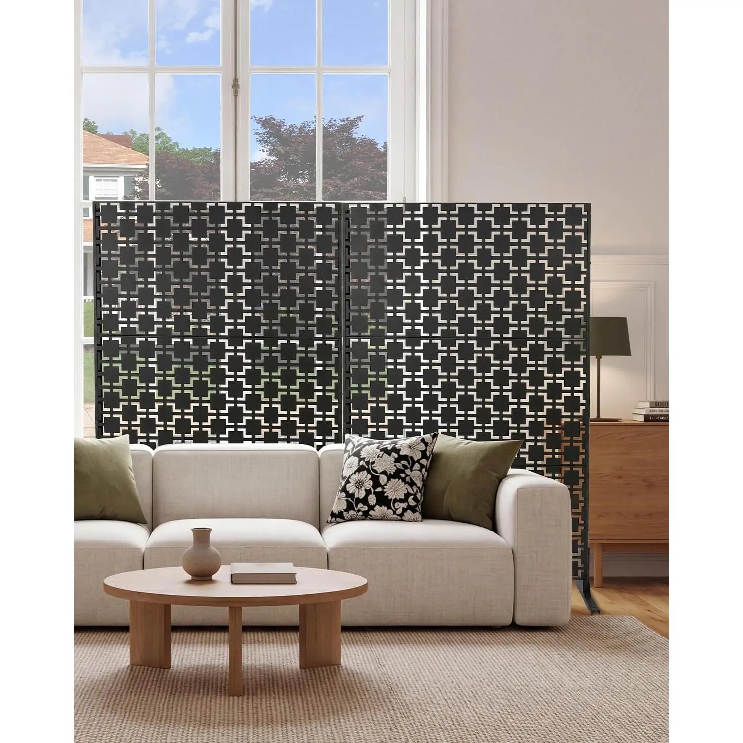 Black Square Design Rustproof Metal Privacy Fence Panel (75"H x 48"W) - Freestanding Partition Screen, Outdoor Divider for Patio, Garden, Yard