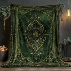 1pc Dark Green Ornate Book Design 280GSM Flannel Throw Blanket - Soft Warm Polyester, Fading-Proof Retro Glam Digital Intricate Prints, All-Season Fading-Proof Indoor/Outdoor Textile - for Sofa, Camping