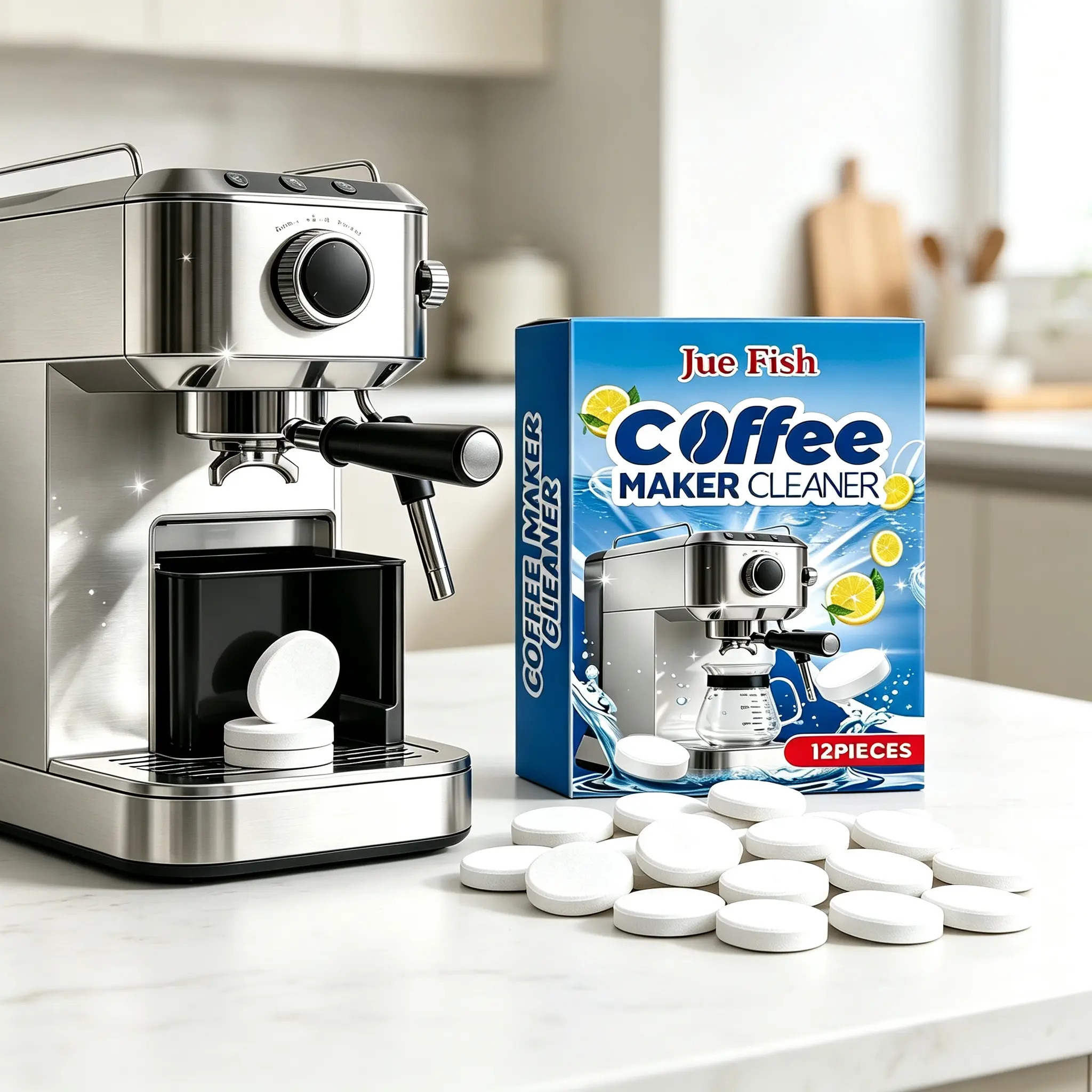 Jue Fish Coffee Machine Cleaner & Descaling Tablets 12 Pack, Deep Descaling Cleaning Tabs for All Coffee Makers & Espresso Machines, Multi-Purpose Appliance Cleaner for All Coffee Makers and Household Use