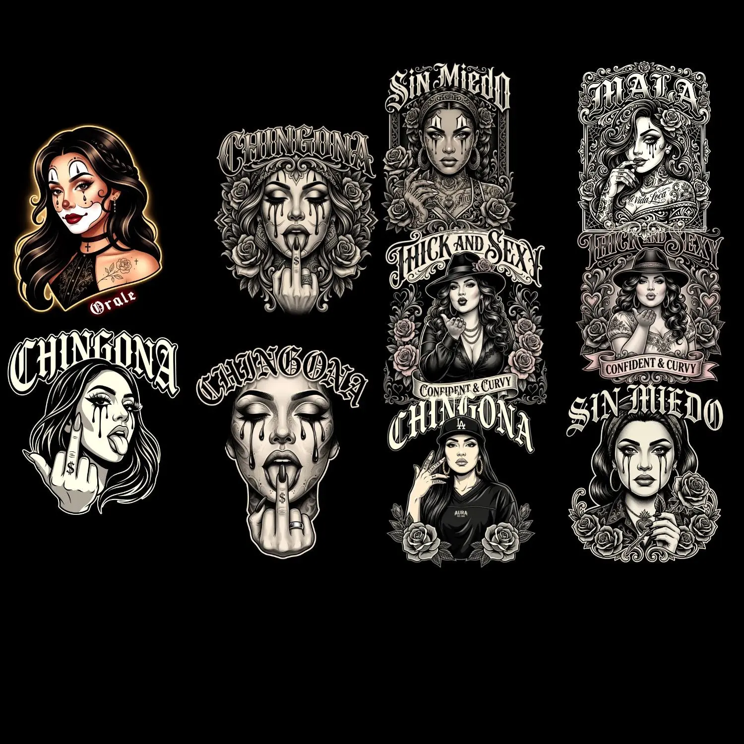 Chingona Halftone 2 Premade DTF gangsheet- 12 adult prints