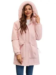 Women's Winter Warm Padded Puff Jacket with Large Fur Collar Long Down Coat Zip Up Elegant Outerwear Plus Size Black Pink S-XXL Basic Fitted Minimalist Tops, Polyester, Chic outdoorfun