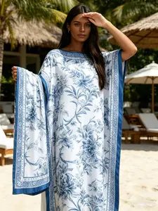 Two piece satin Kaftan set, white Kaftan and blue geometric flower print dress with scarf, women's oversized beach skirt loose Muslim pajamas, a loose and fashionable choice for daily and party wear, perfect for beaches and resorts