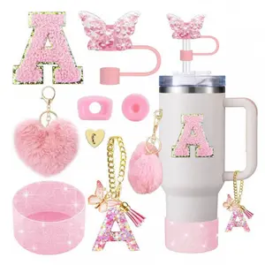 Letter A Tumbler Accessories Set Pink Aesthetic - Butterfly Straw Covers, Pom Pom Keychain, Handle Charm, Boot, Sticker & Straw Spout Lid for Stanley Tumbler 30oz 40oz
