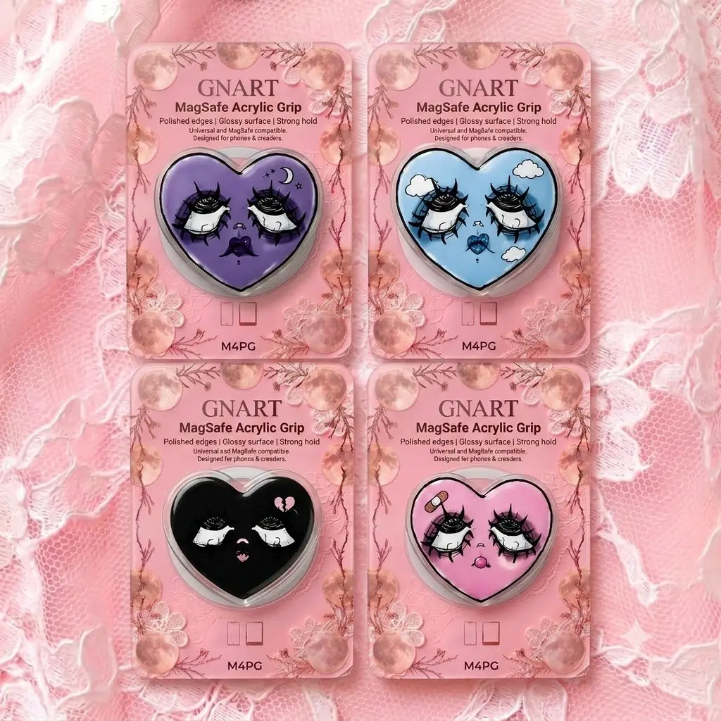 Pastel Goth Heart Magnetic Phone Grip, Cute Blue Cloud and Eyelash Face Acrylic Design, Dreamy Alternative Phone Accessory, Gift for Teens, Girls and Aesthetic Lovers
