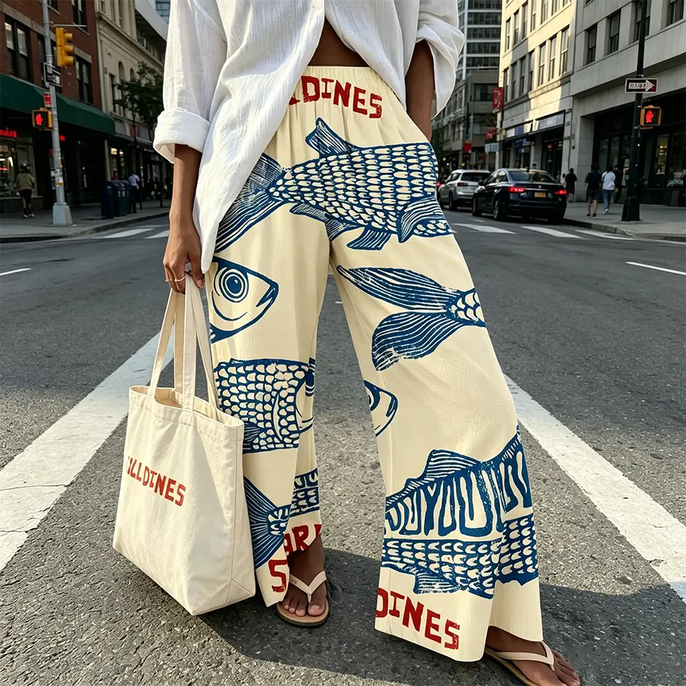 New Arrival: 30% linen and 70% rayon. Wide-leg trousers featuring a sardine print in Ukiyo-e style and an elastic waistband—perfect for a comfortable vacation look.,back to school shopping