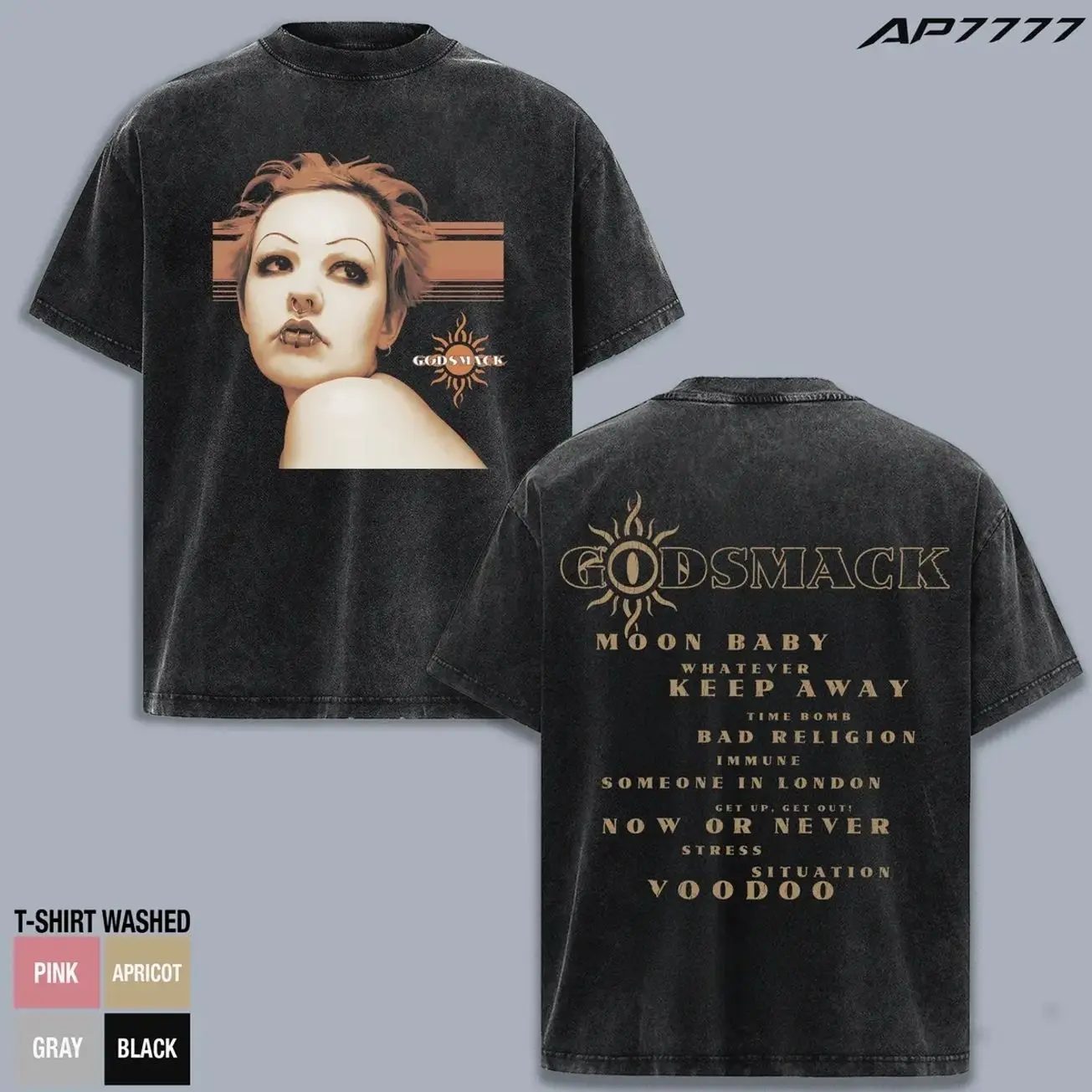 Godsmack Moon Baby Vintage Washed T Shirt, Heavy Metal Rock Band Graphic Tee, Retro Album Tracklist Back Print Shirt, Distressed Concert Merch Top, Oversized Unisex Streetwear Cotton Tee, Classic Hard Rock Fan Gift Apparel D4A