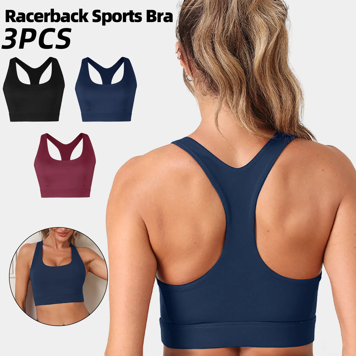 CHRLEISURE 3-Pack Women's Racerback Sports Bra Strong Support High Breathability Buttery Soft Removable Cups for Yoga Running