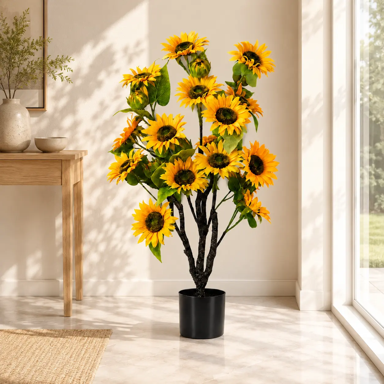 3FT Artificial Sunflower Tree with Black Pot, Realistic Yellow Faux Floral Plant for Living Room, Bedroom, Office and Entryway Home Decor