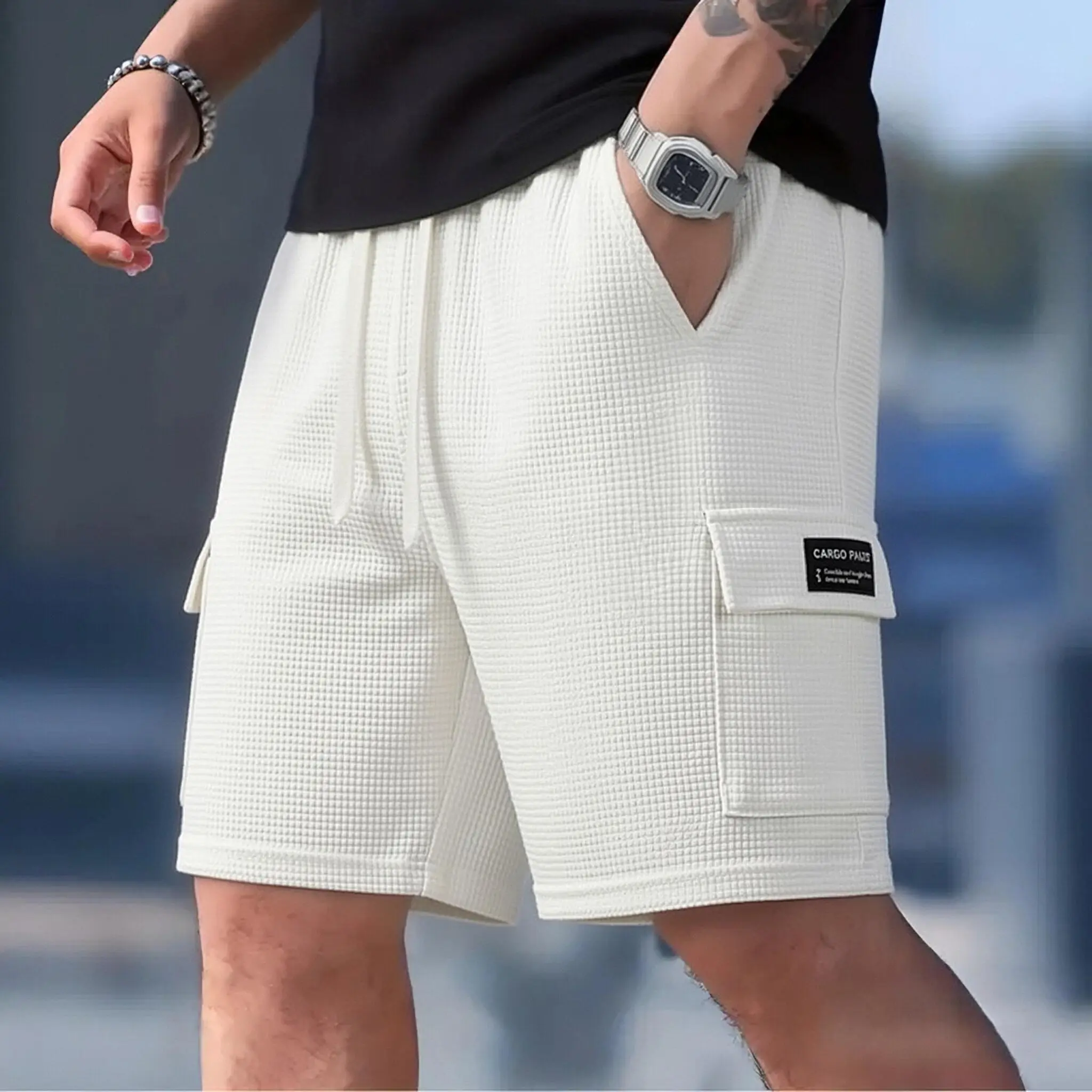 Men’s casual outdoor corduroy athletic shorts — men’s clothing, summer casual shorts, perfect for beach and golf in summer, non-stretch, solid color with pockets
