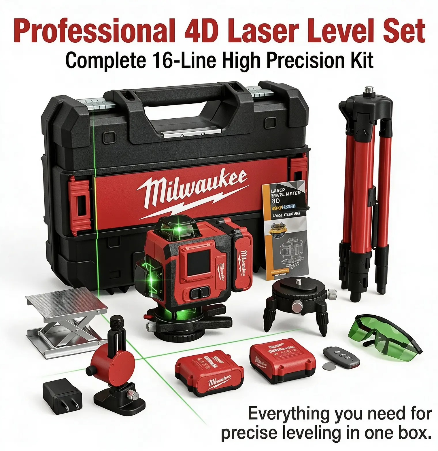 Milwaukee M18 Battery Compatible 4D 16-Line 360° Green Beam Laser Level, High Precision Horizontal Vertical Self-Leveling Tool for Drywall Leveling Tasks
