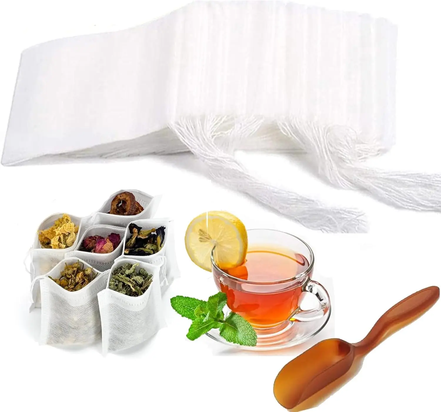 600 pcs Disposable Tea Bags Fillable Empty Tea Filter Bags with Drawstring and Tea Spoon for Loose Tea, Coffee, Herb, Spice and More